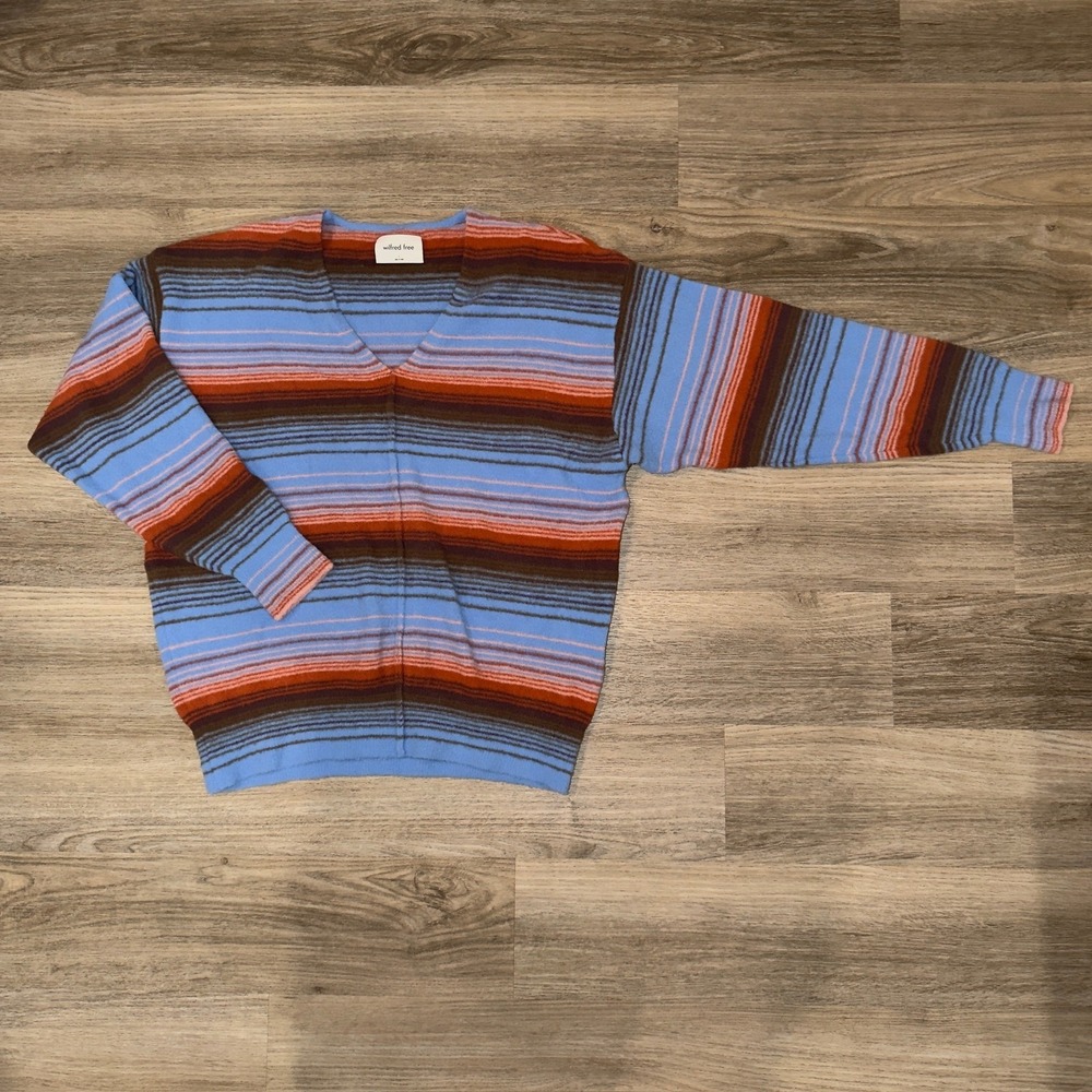 Wilfred Free Aritzia Hush Knit V Neck Sweater Striped Blue Red Womens L‎